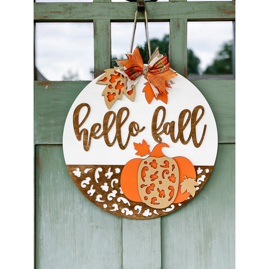 PCHSW Hello Fall Cheetah Pumpkin Door Hanger