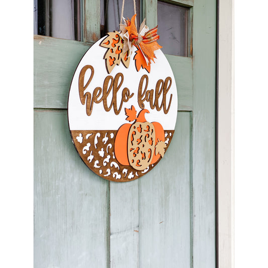 PCHSW Hello Fall Cheetah Pumpkin Door Hanger